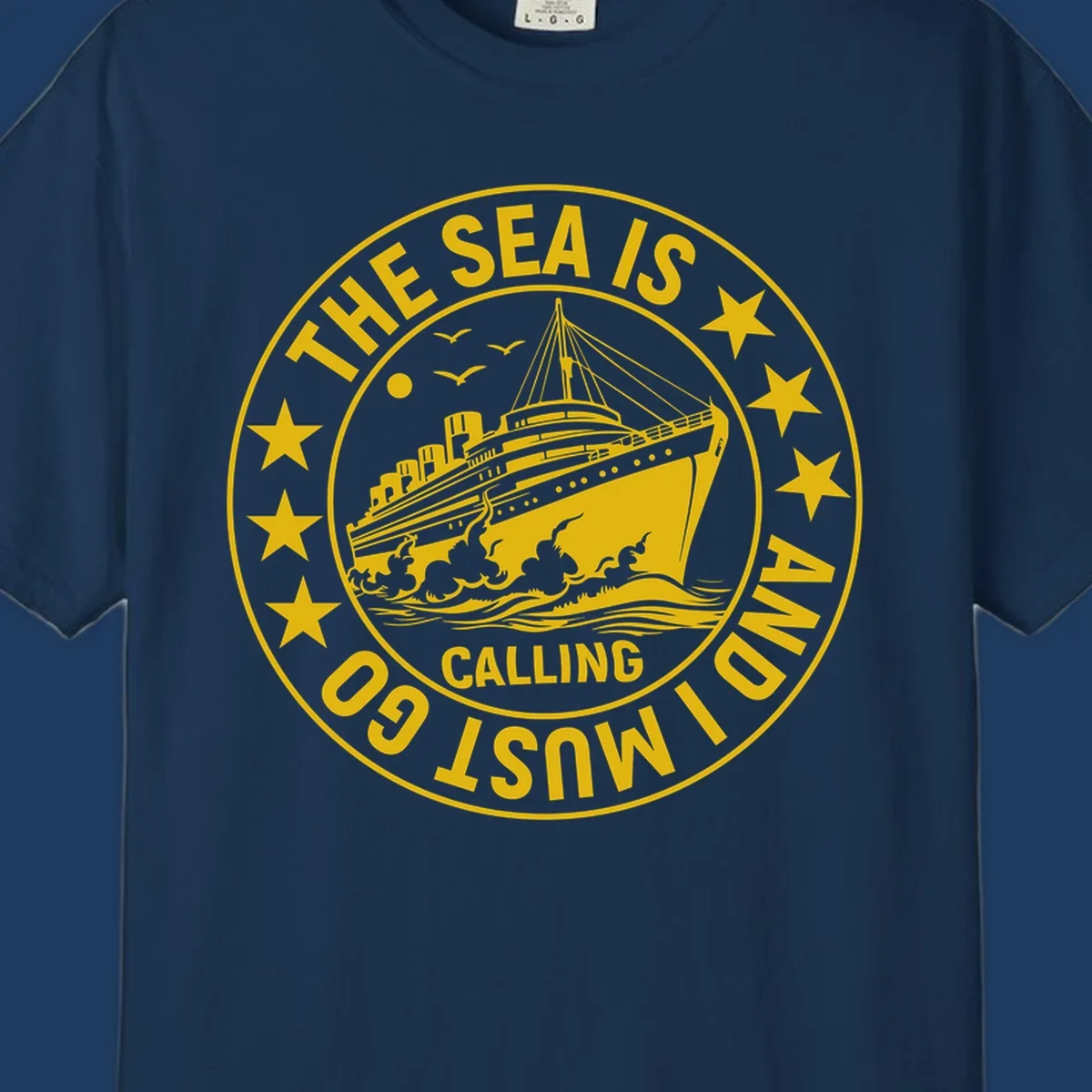 Circular nautical badge with cruise ship, waves, and stars, text reads 'The Sea Is Calling I Must Go'