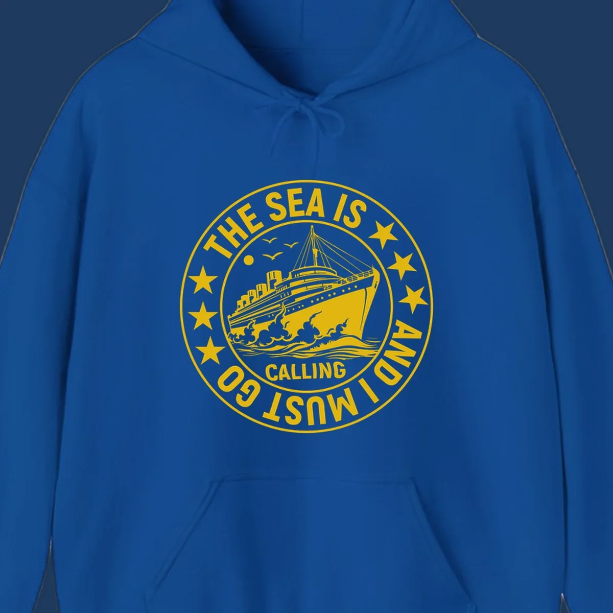 Circular nautical badge with cruise ship, waves, and stars, text reads 'The Sea Is Calling I Must Go'