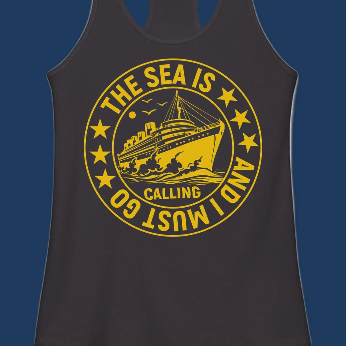 Circular nautical badge with cruise ship, waves, and stars, text reads 'The Sea Is Calling I Must Go'