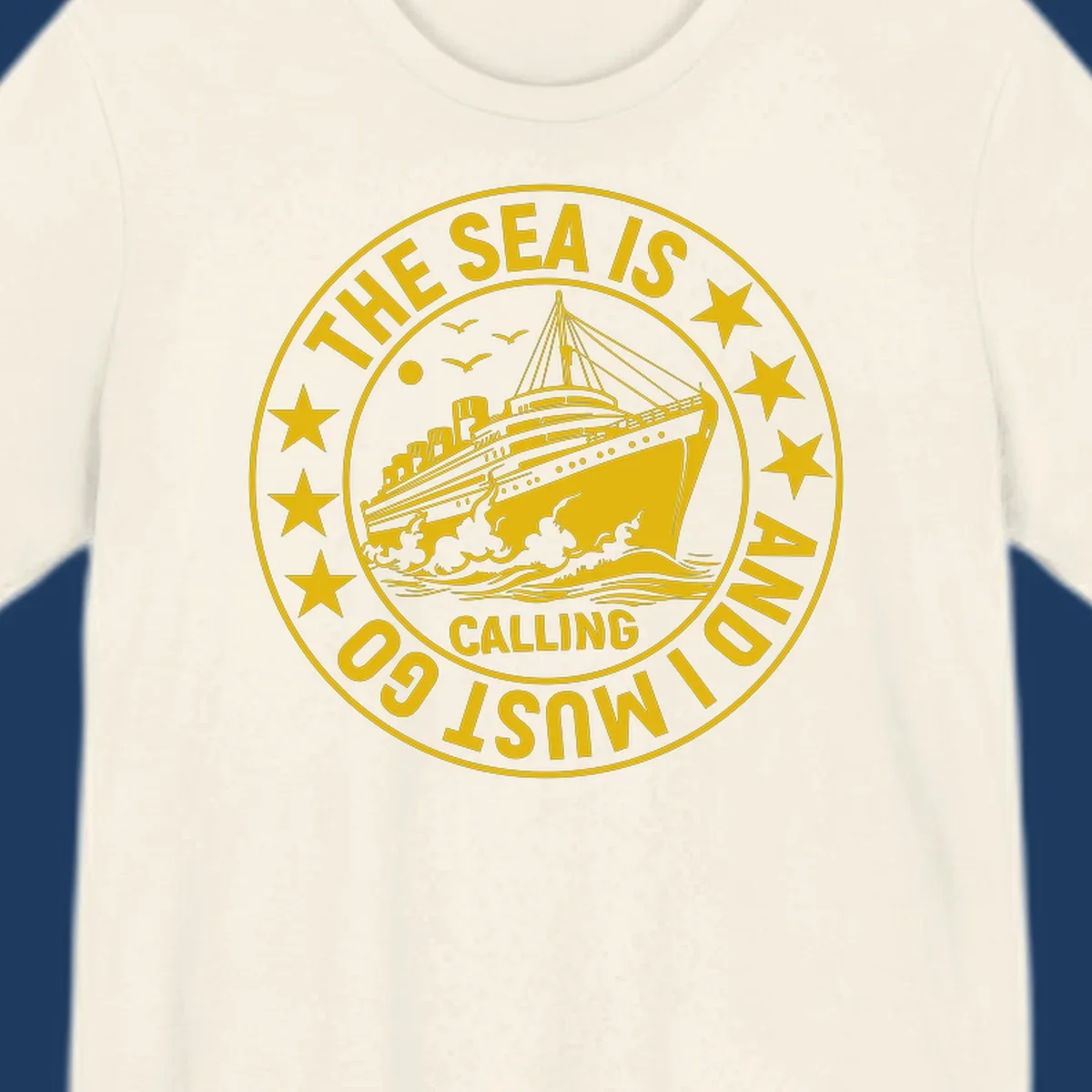 Circular nautical badge with cruise ship, waves, and stars, text reads 'The Sea Is Calling I Must Go'