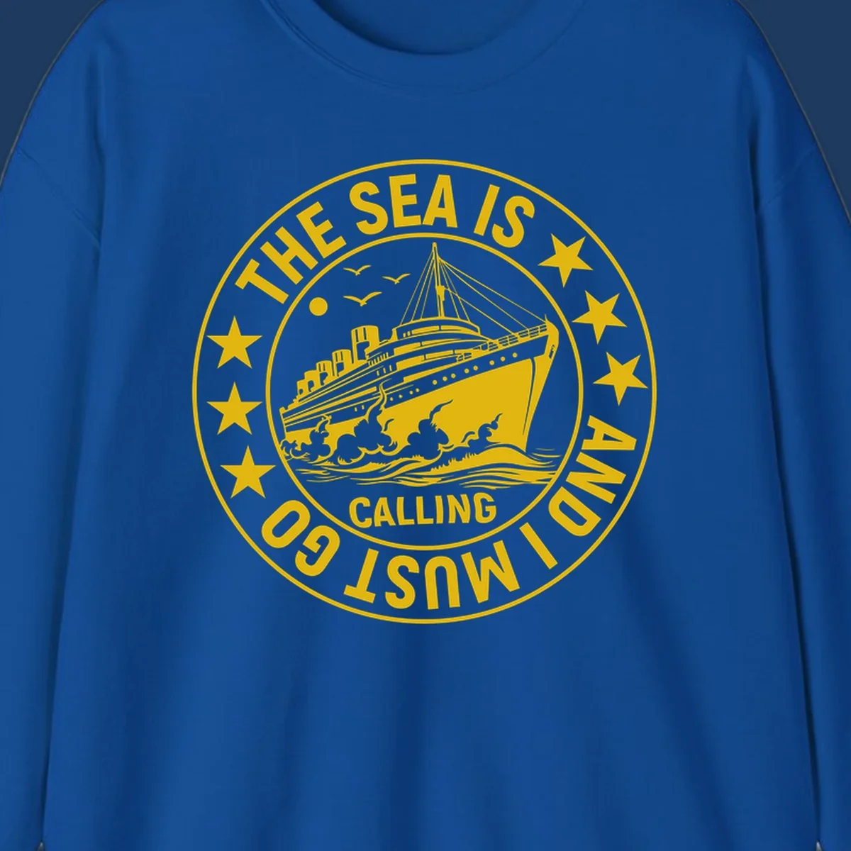 Circular nautical badge with cruise ship, waves, and stars, text reads 'The Sea Is Calling I Must Go'