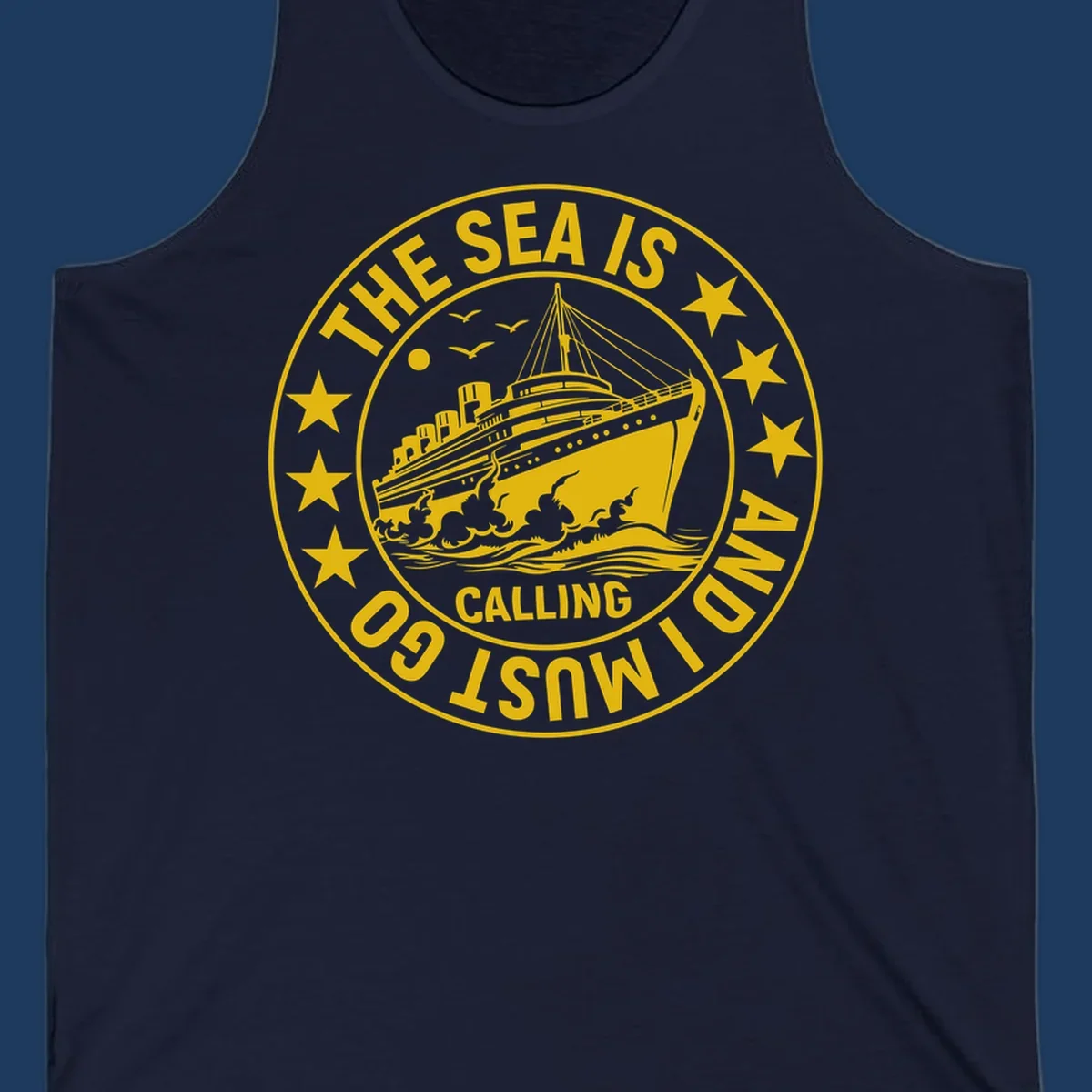 Circular nautical badge with cruise ship, waves, and stars, text reads 'The Sea Is Calling I Must Go'