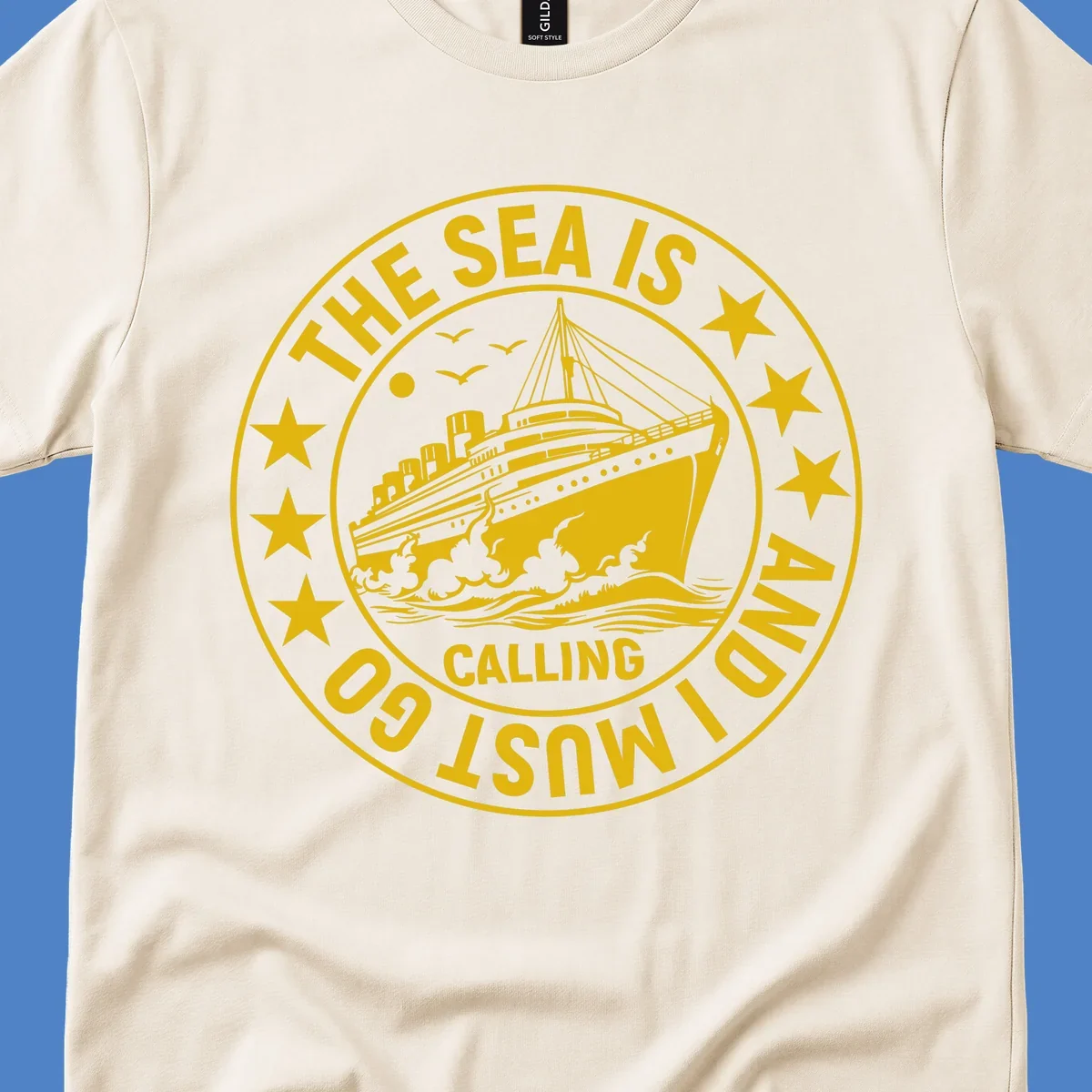 Circular nautical badge with cruise ship, waves, and stars, text reads 'The Sea Is Calling I Must Go'