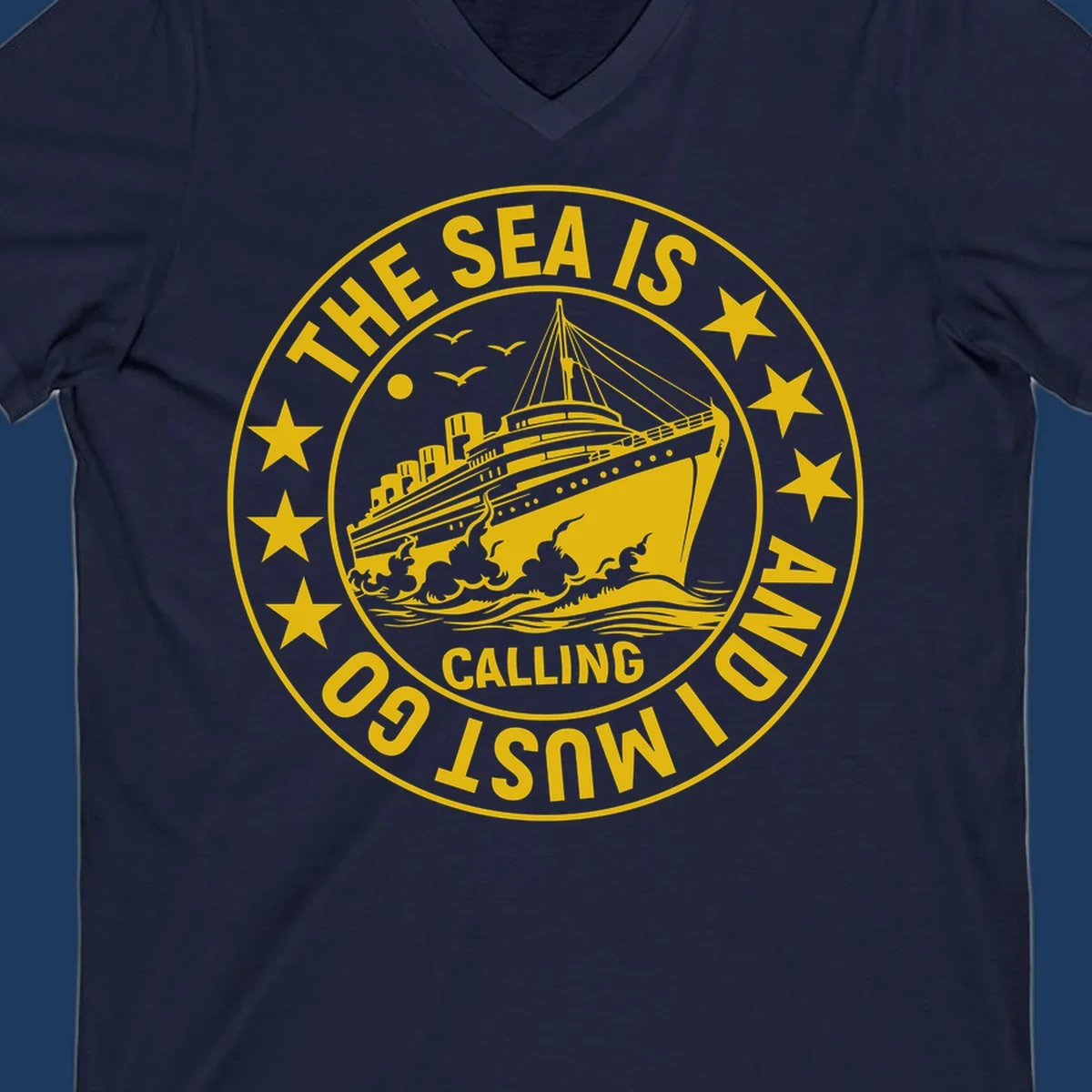 Circular nautical badge with cruise ship, waves, and stars, text reads 'The Sea Is Calling I Must Go'
