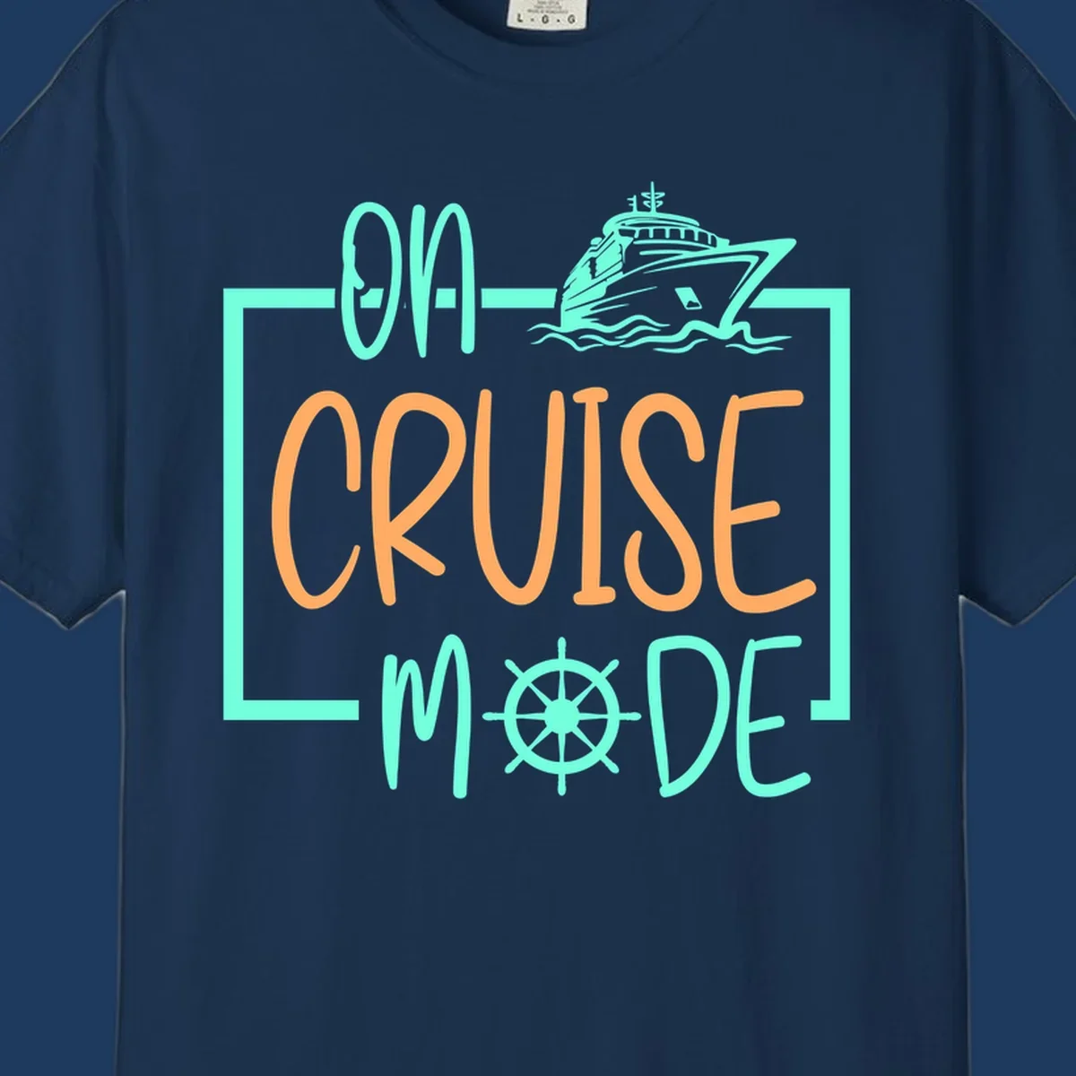 On cruise mode design with turquoise cruise ship and ship wheel, orange text on gray background
