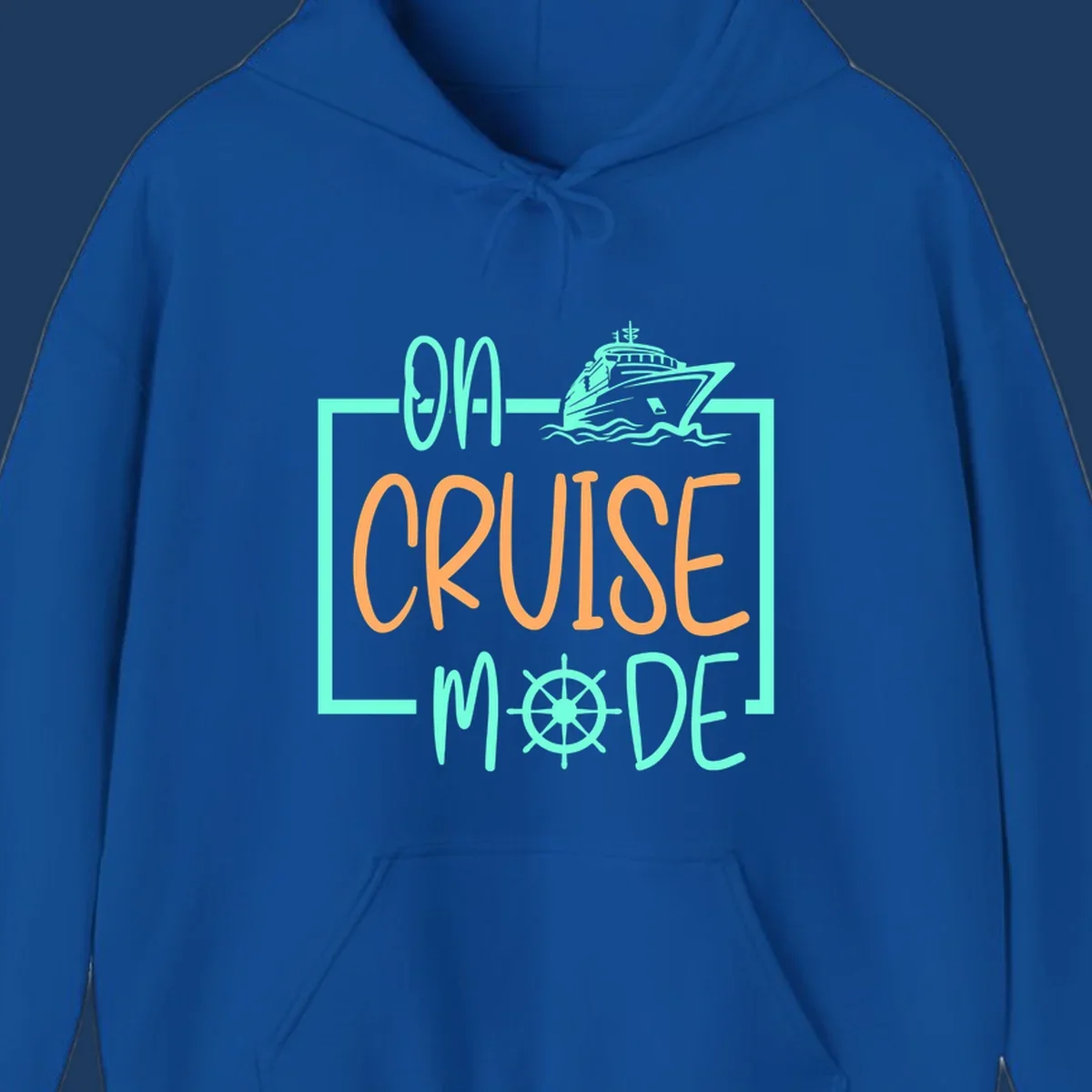 On cruise mode design with turquoise cruise ship and ship wheel, orange text on gray background