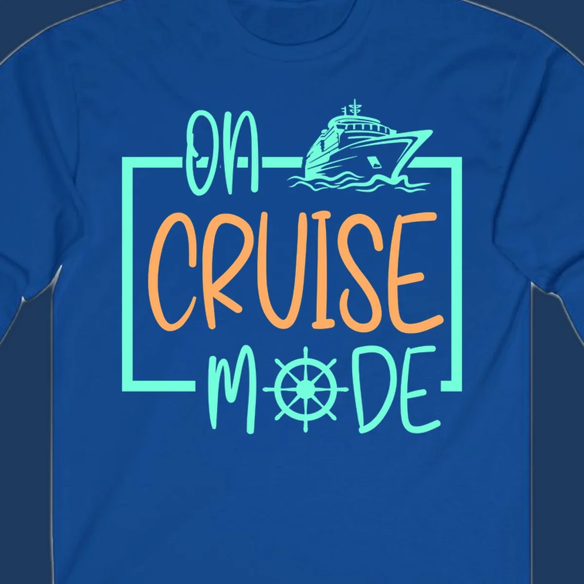 On cruise mode design with turquoise cruise ship and ship wheel, orange text on gray background