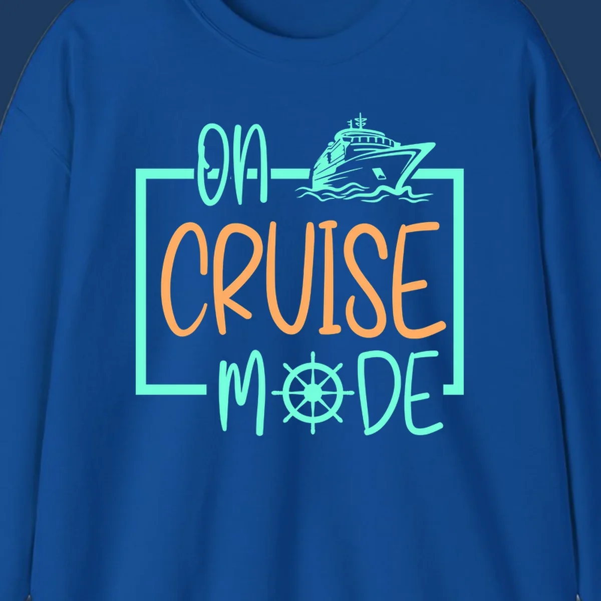 On cruise mode design with turquoise cruise ship and ship wheel, orange text on gray background