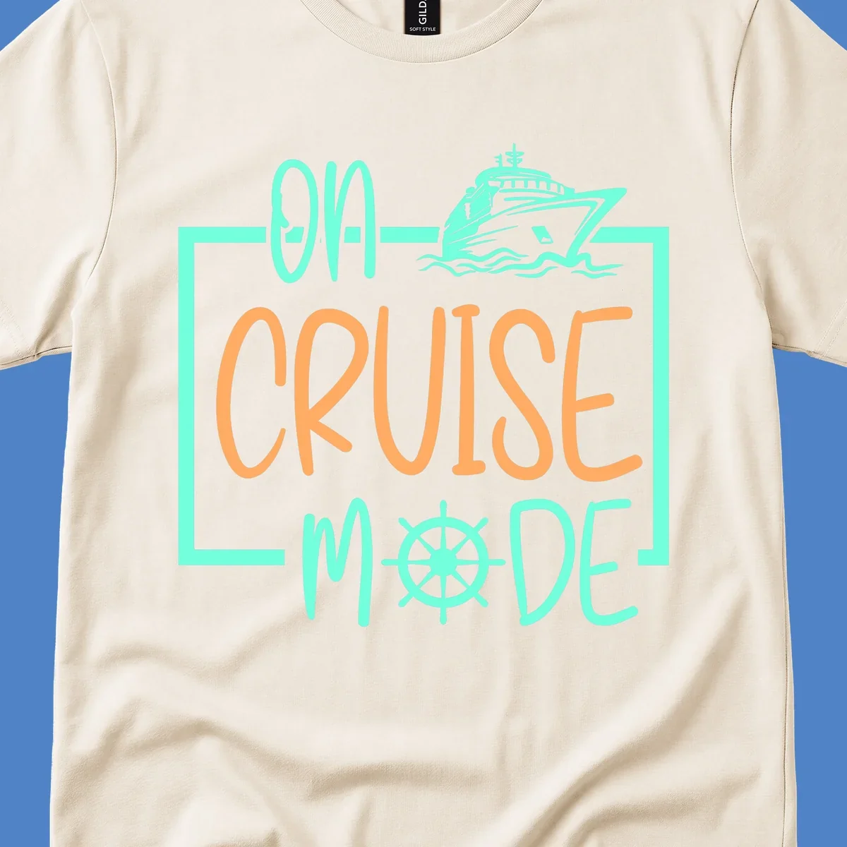 On cruise mode design with turquoise cruise ship and ship wheel, orange text on gray background