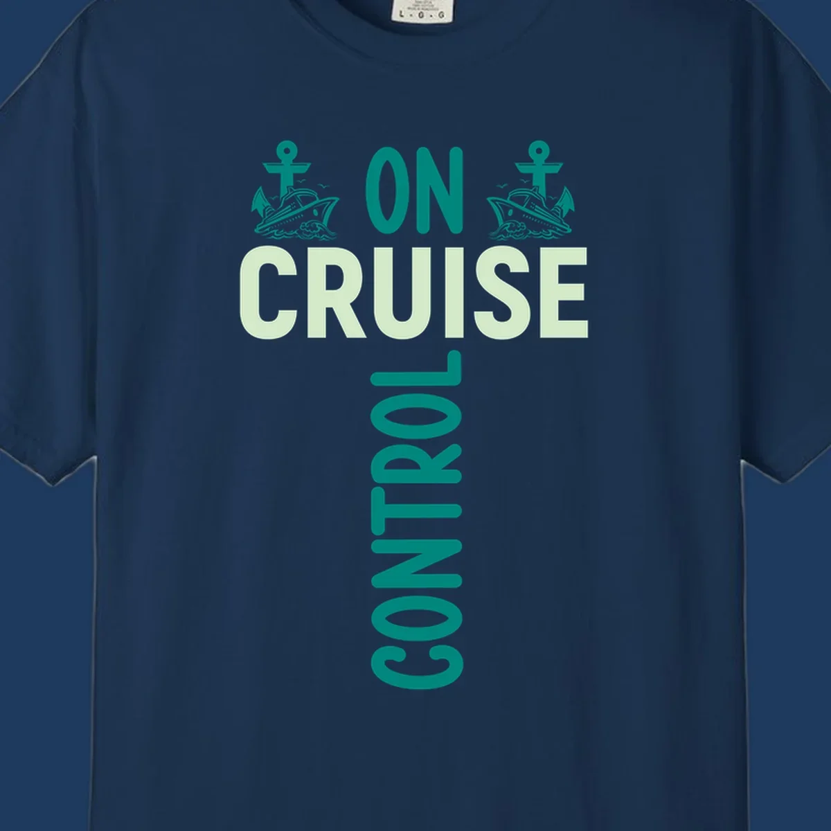 Cruise with you design featuring two teal cruise ships with anchors, ocean waves, and seagulls on gray background with teal and light green text