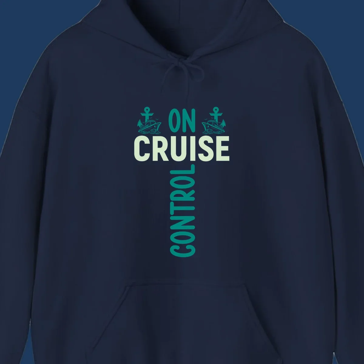 Cruise with you design featuring two teal cruise ships with anchors, ocean waves, and seagulls on gray background with teal and light green text