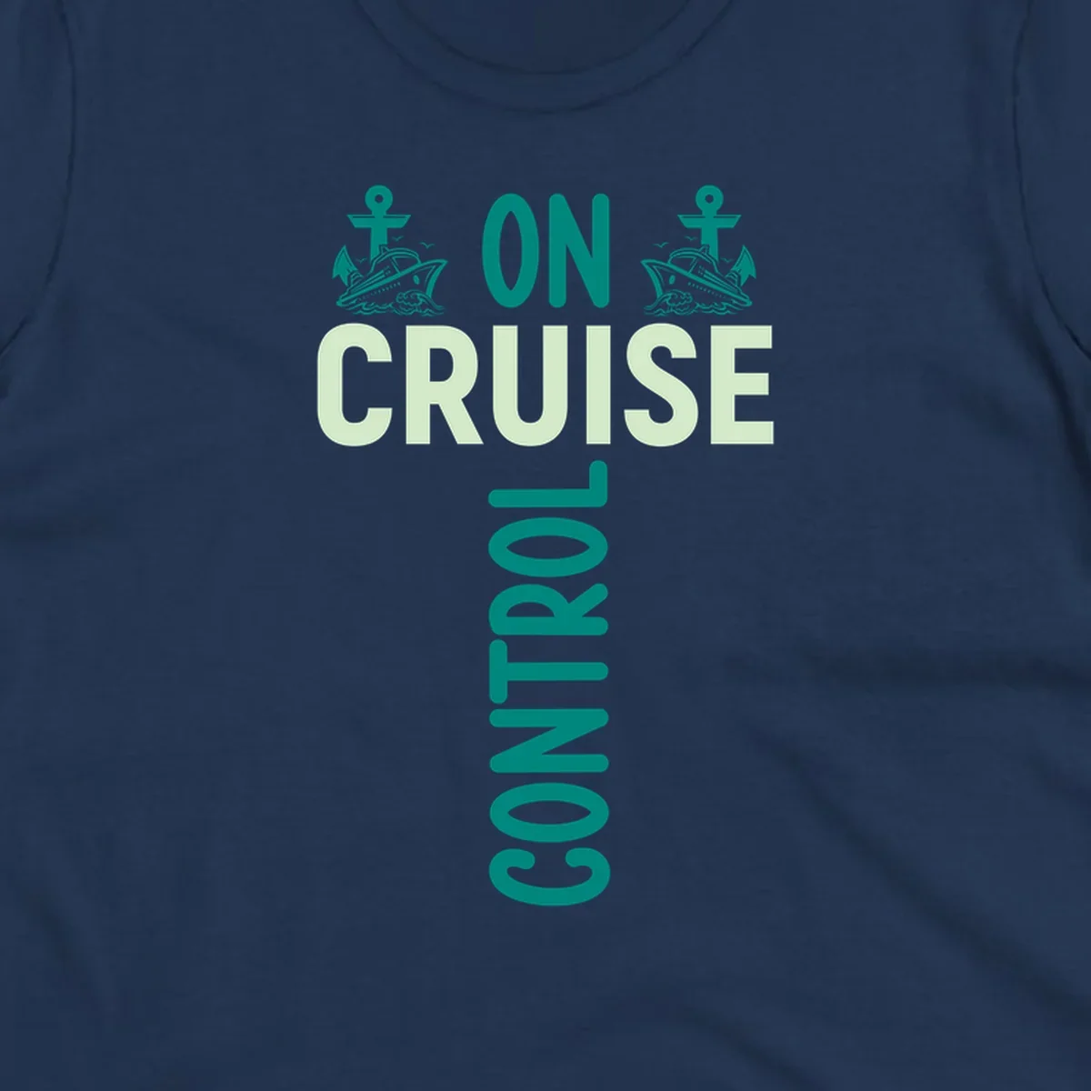 Cruise with you design featuring two teal cruise ships with anchors, ocean waves, and seagulls on gray background with teal and light green text