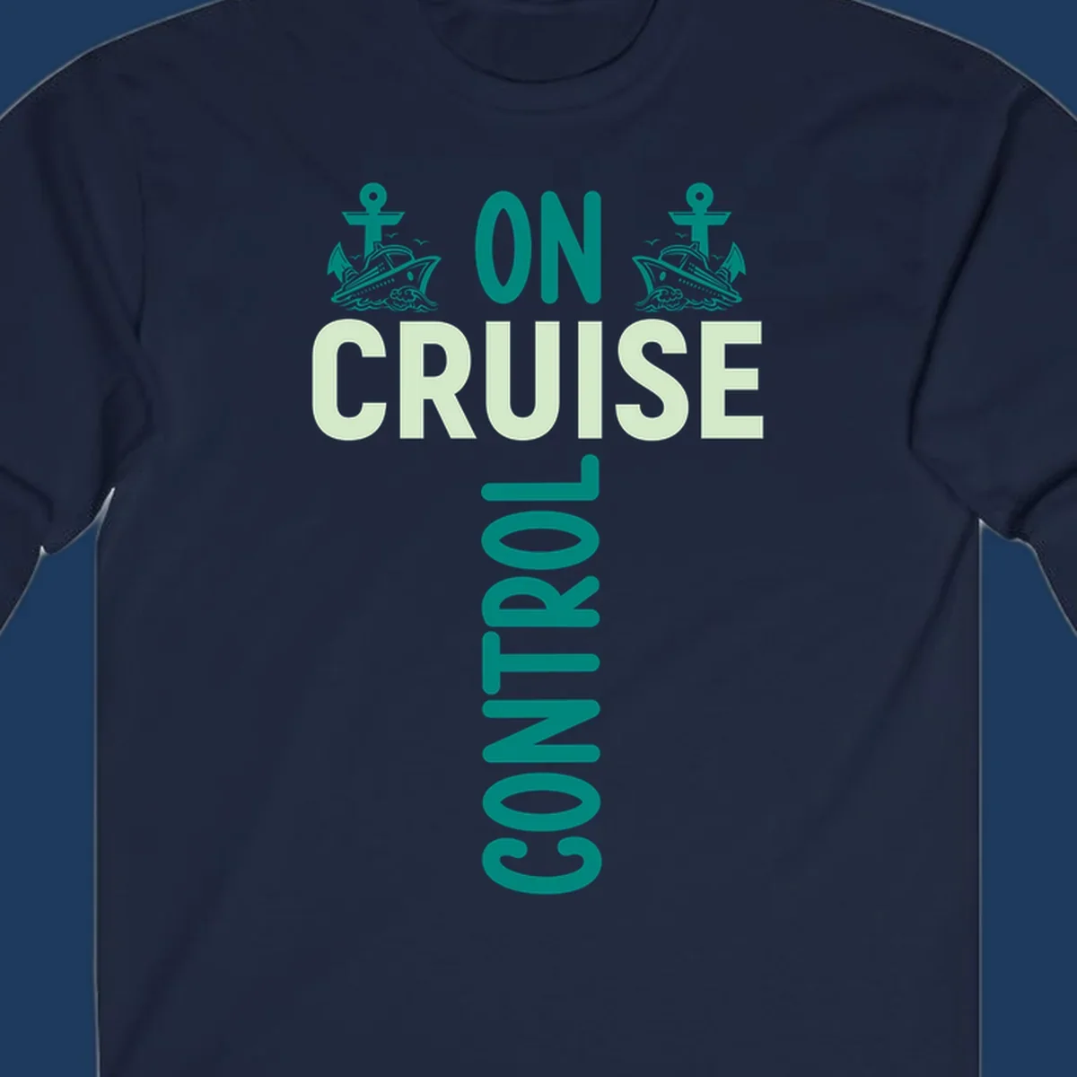 Cruise with you design featuring two teal cruise ships with anchors, ocean waves, and seagulls on gray background with teal and light green text