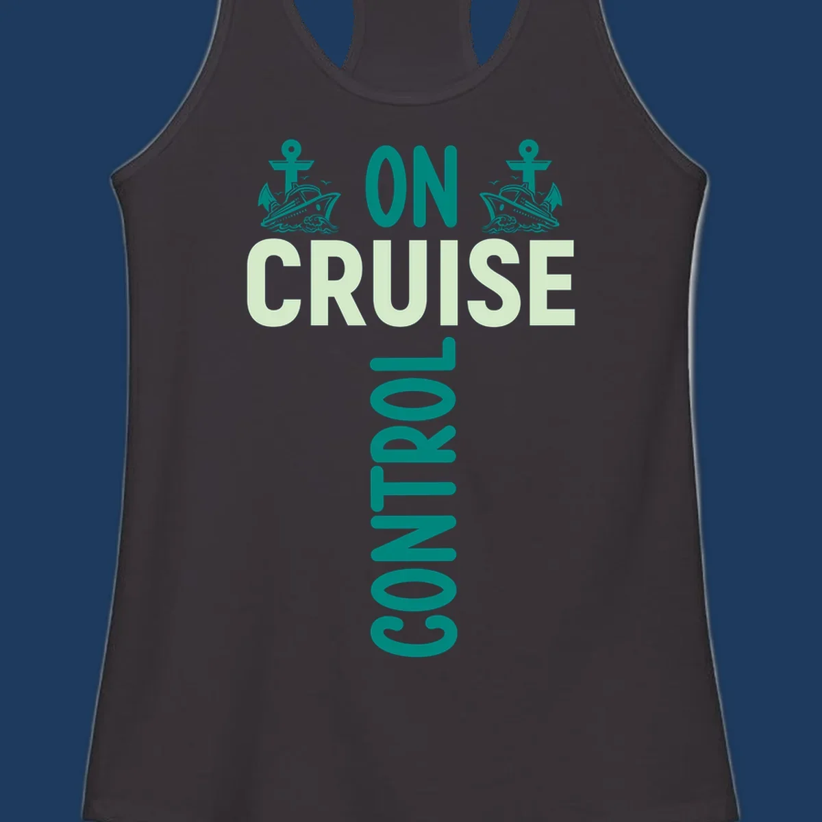 Cruise with you design featuring two teal cruise ships with anchors, ocean waves, and seagulls on gray background with teal and light green text