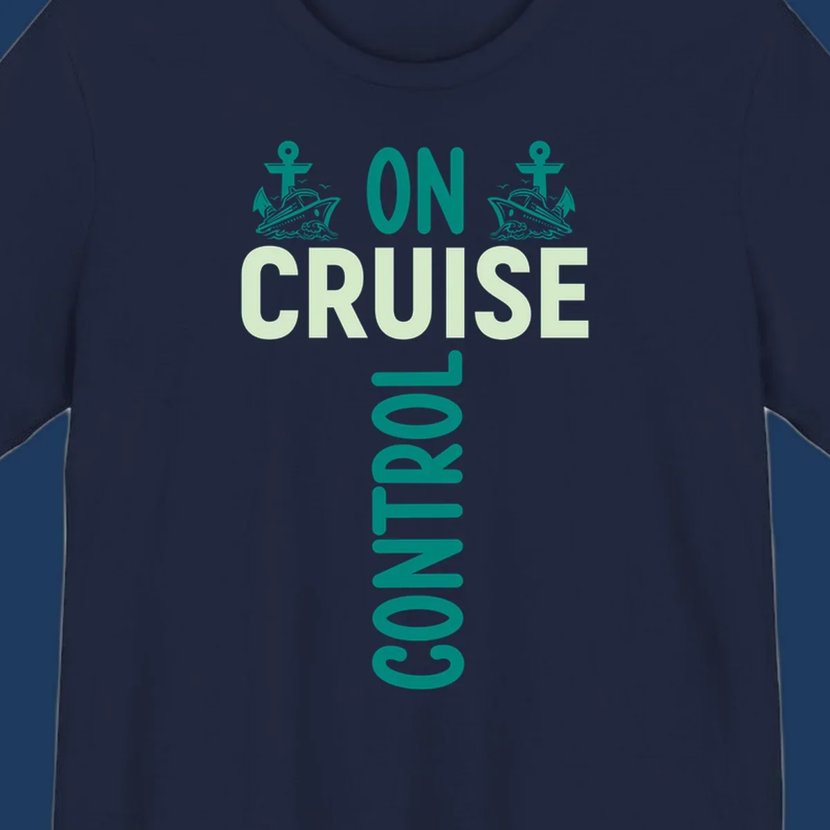 Cruise with you design featuring two teal cruise ships with anchors, ocean waves, and seagulls on gray background with teal and light green text