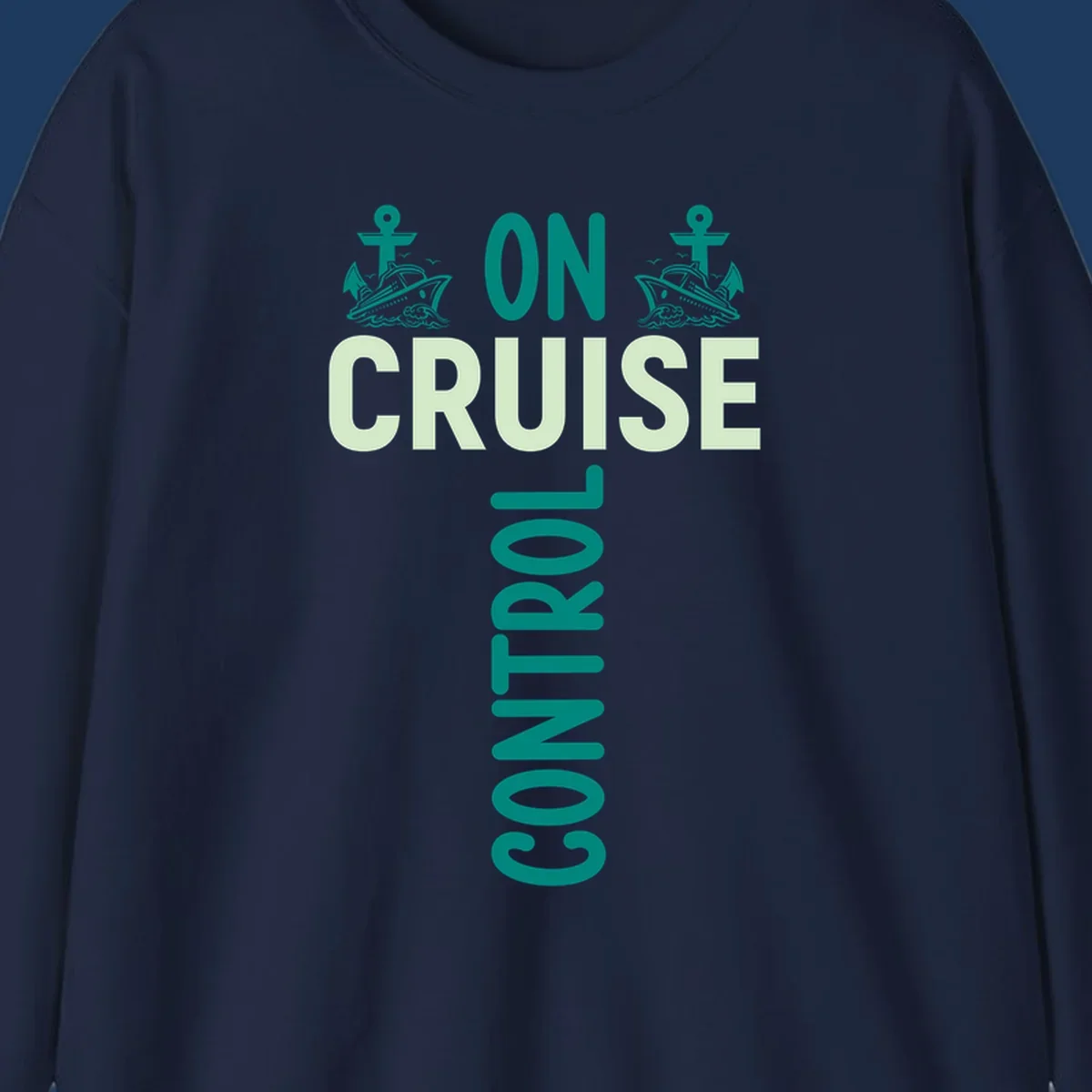 Cruise with you design featuring two teal cruise ships with anchors, ocean waves, and seagulls on gray background with teal and light green text