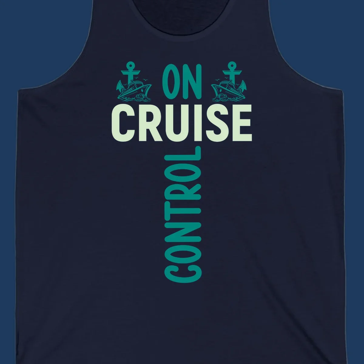 Cruise with you design featuring two teal cruise ships with anchors, ocean waves, and seagulls on gray background with teal and light green text