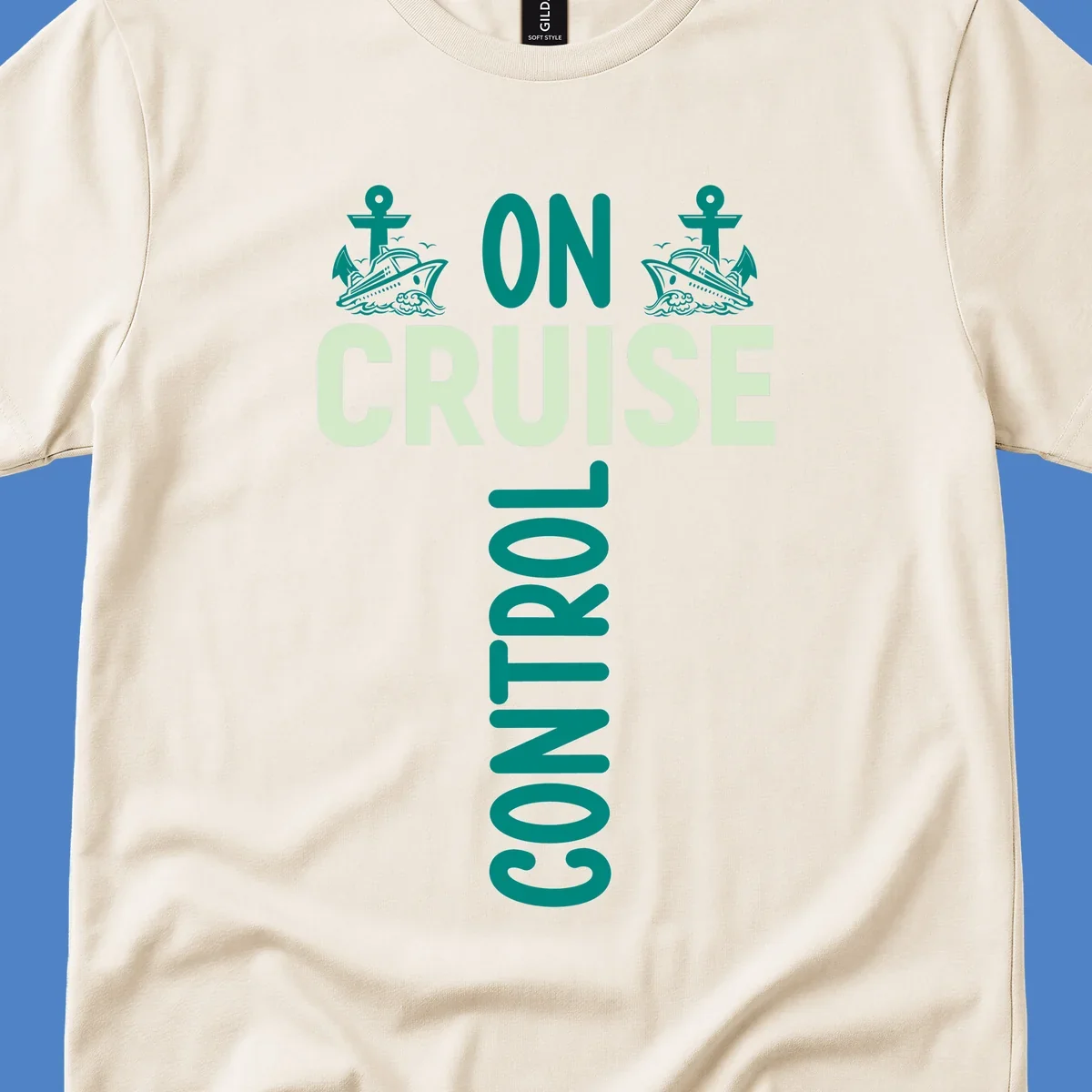 Cruise with you design featuring two teal cruise ships with anchors, ocean waves, and seagulls on gray background with teal and light green text
