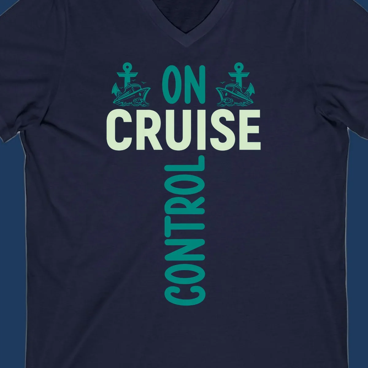 Cruise with you design featuring two teal cruise ships with anchors, ocean waves, and seagulls on gray background with teal and light green text