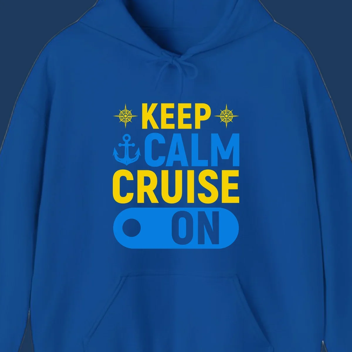 Keep calm cruise on design with yellow text, blue anchor and compass roses on gray background