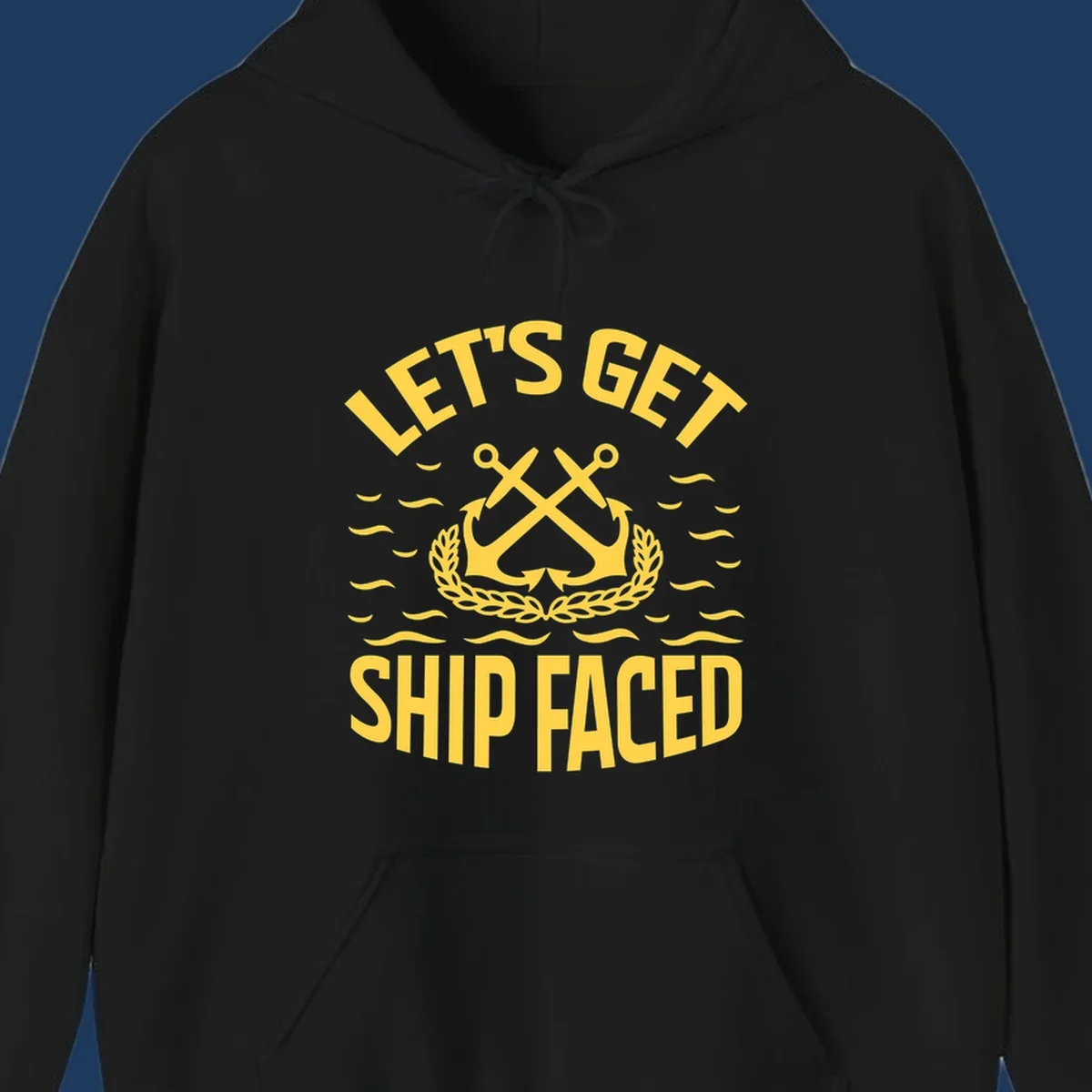 Yellow nautical badge with crossed anchors and laurel wreath, reading 'Let's Get Ship Faced' with ocean wave accents on gray background.