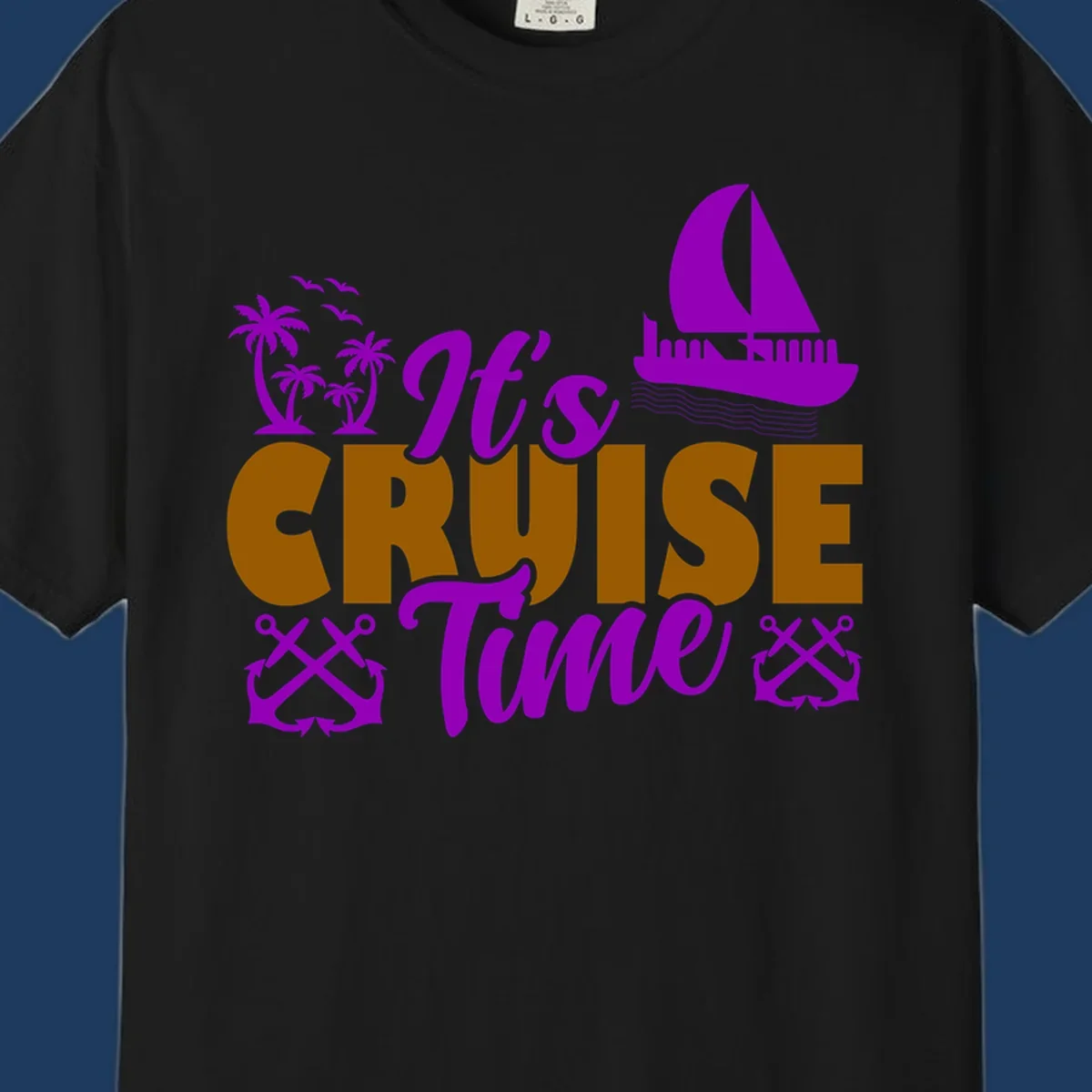 It's Cruise Time design with purple sailboat, palm trees, anchors, and ocean waves on gold text