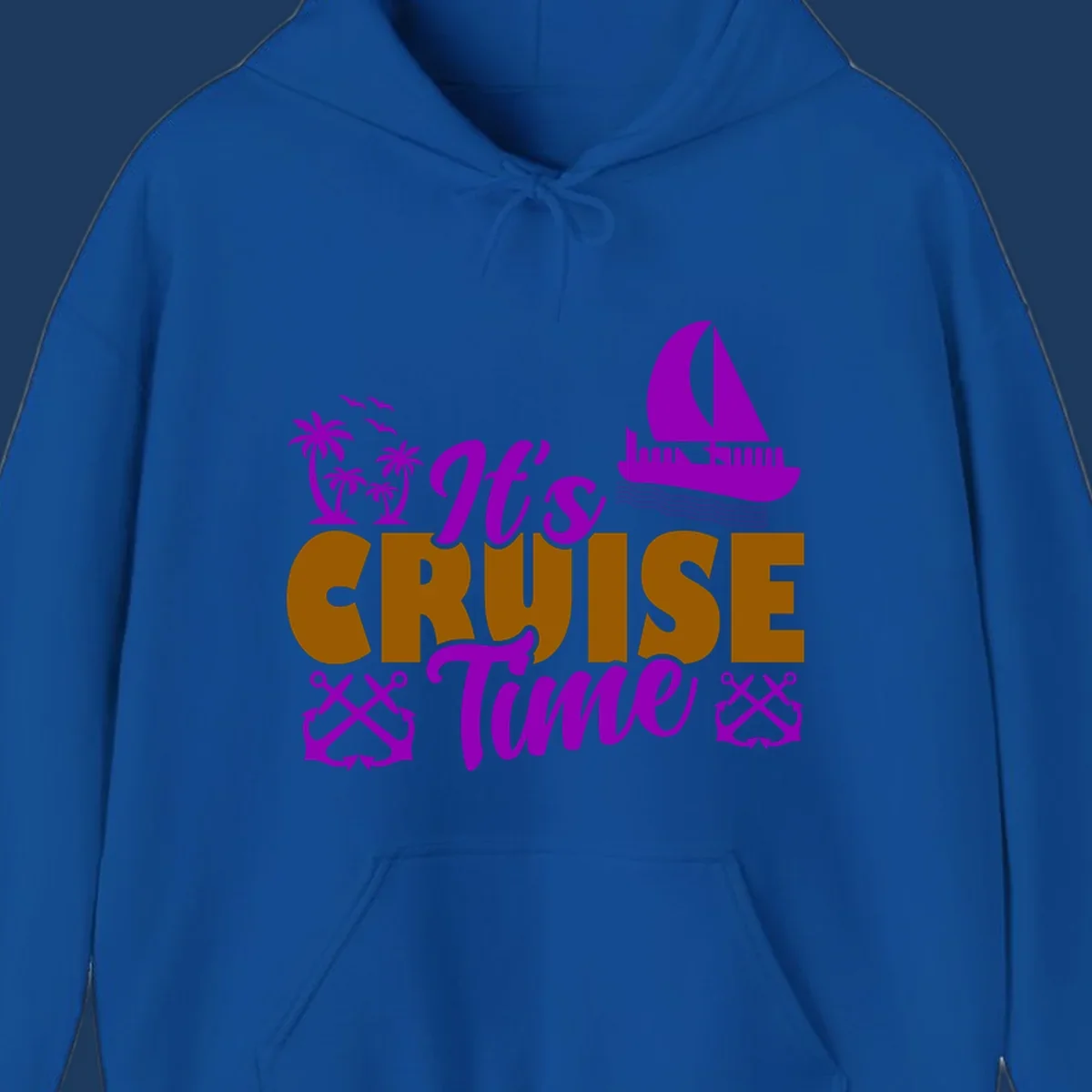 It's Cruise Time design with purple sailboat, palm trees, anchors, and ocean waves on gold text