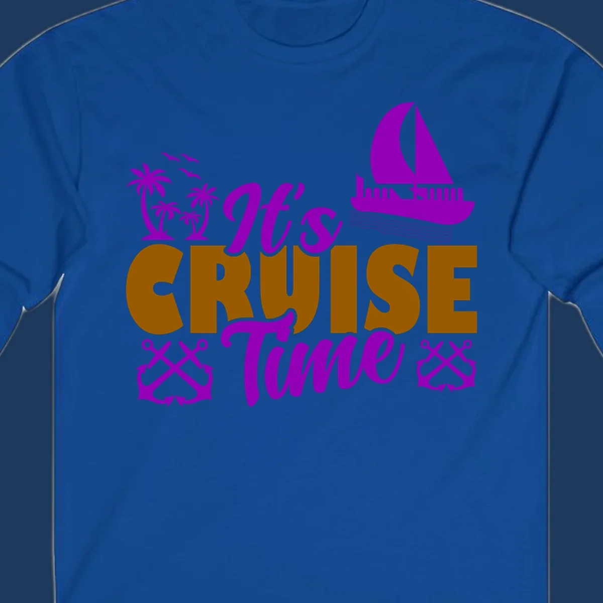 It's Cruise Time design with purple sailboat, palm trees, anchors, and ocean waves on gold text