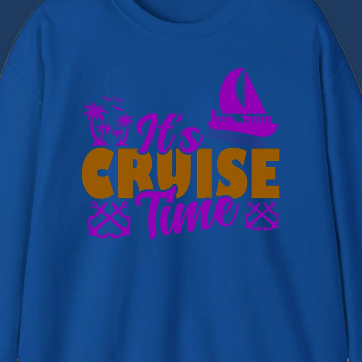 It's Cruise Time design with purple sailboat, palm trees, anchors, and ocean waves on gold text