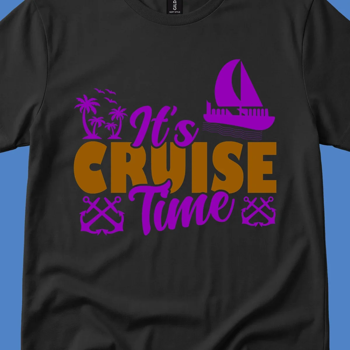It's Cruise Time design with purple sailboat, palm trees, anchors, and ocean waves on gold text