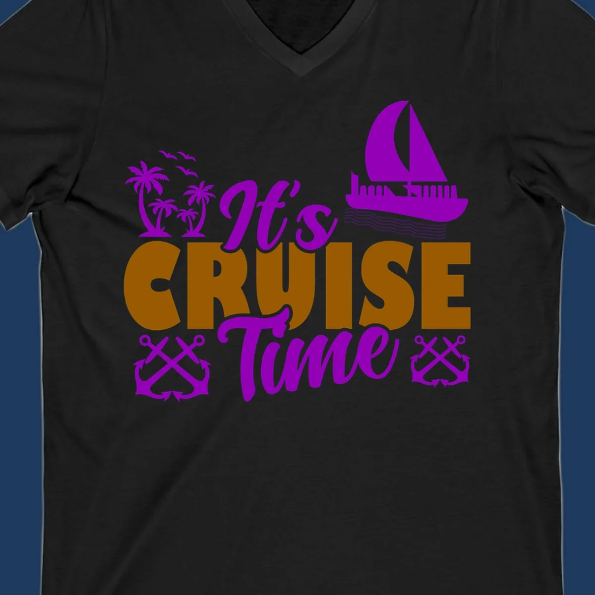 It's Cruise Time design with purple sailboat, palm trees, anchors, and ocean waves on gold text