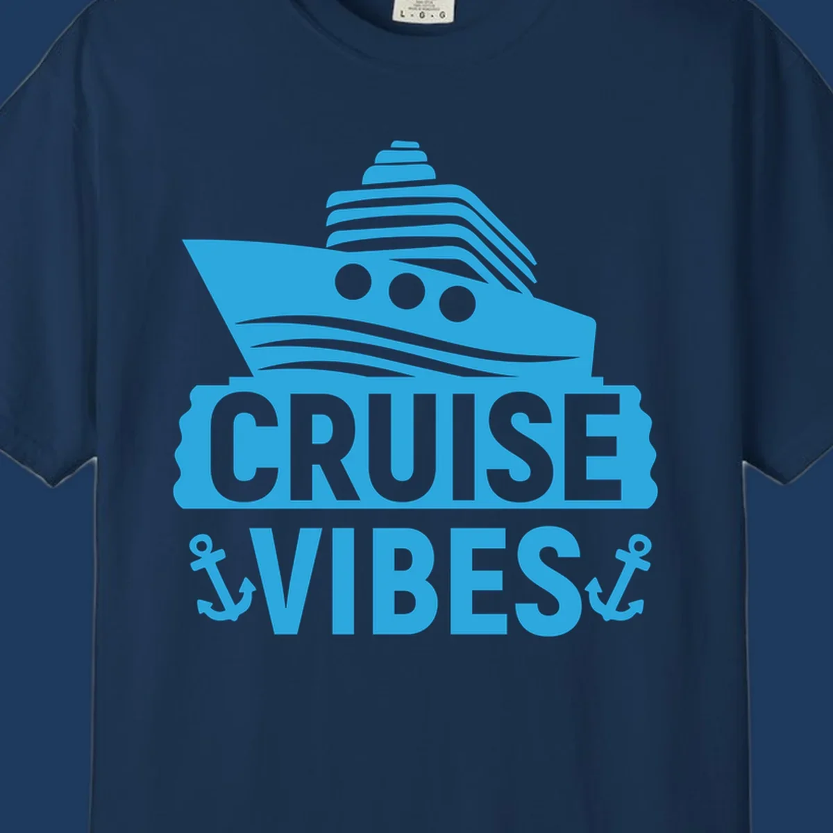 Cyan blue cruise ship with smokestacks and portholes above 'Cruise & Vibes' text with anchors