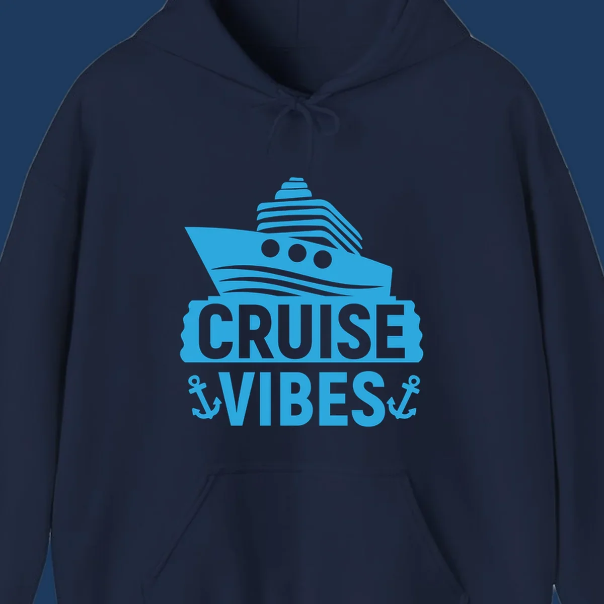 Cyan blue cruise ship with smokestacks and portholes above 'Cruise & Vibes' text with anchors