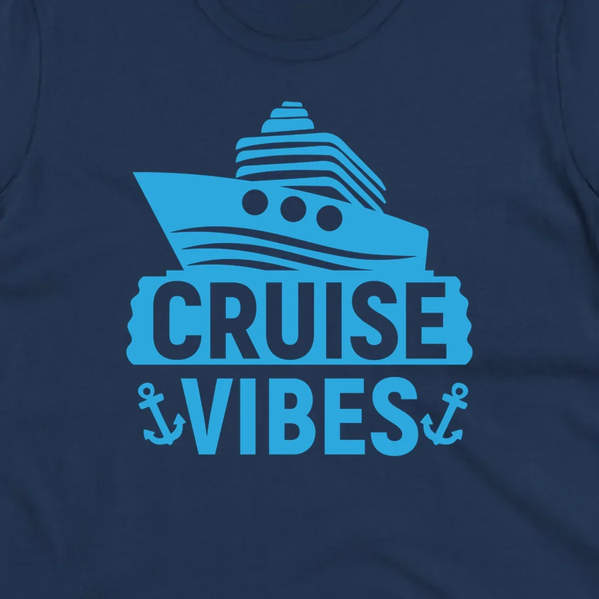 Cyan blue cruise ship with smokestacks and portholes above 'Cruise & Vibes' text with anchors
