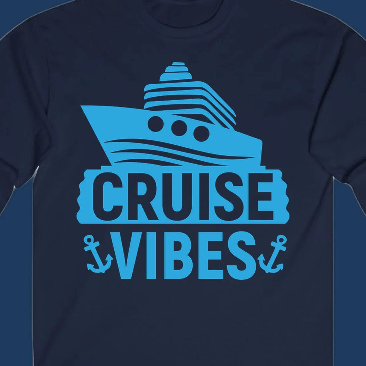Cyan blue cruise ship with smokestacks and portholes above 'Cruise & Vibes' text with anchors