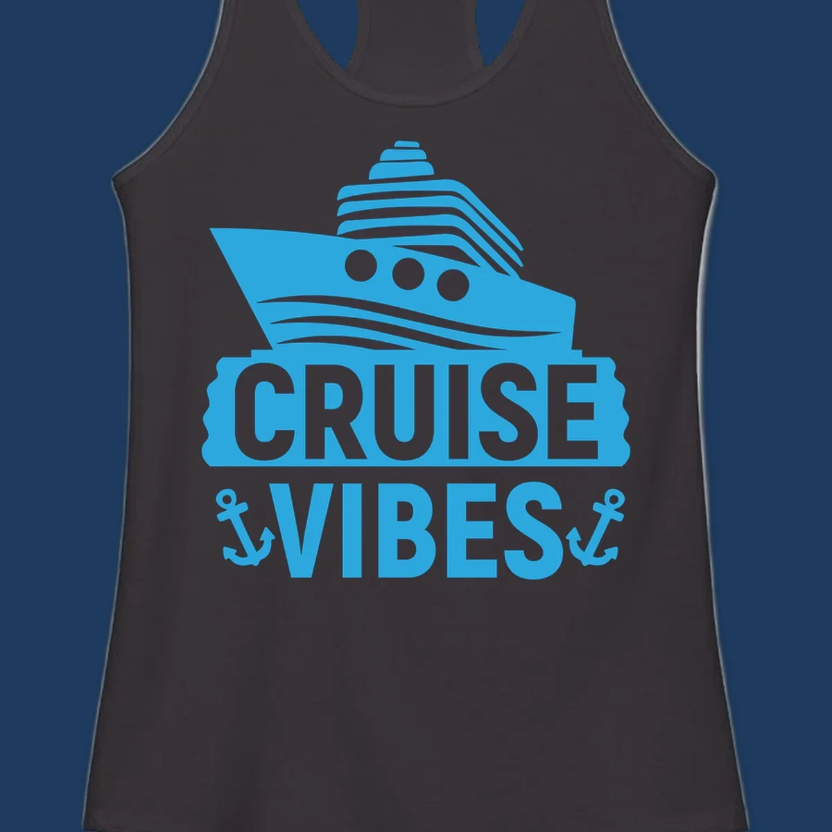 Cyan blue cruise ship with smokestacks and portholes above 'Cruise & Vibes' text with anchors