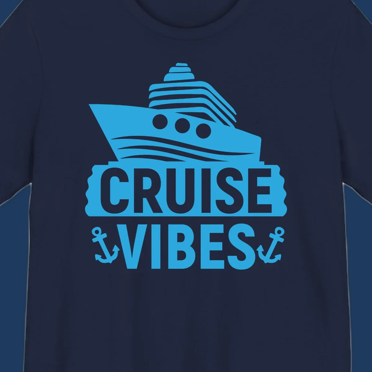 Cyan blue cruise ship with smokestacks and portholes above 'Cruise & Vibes' text with anchors