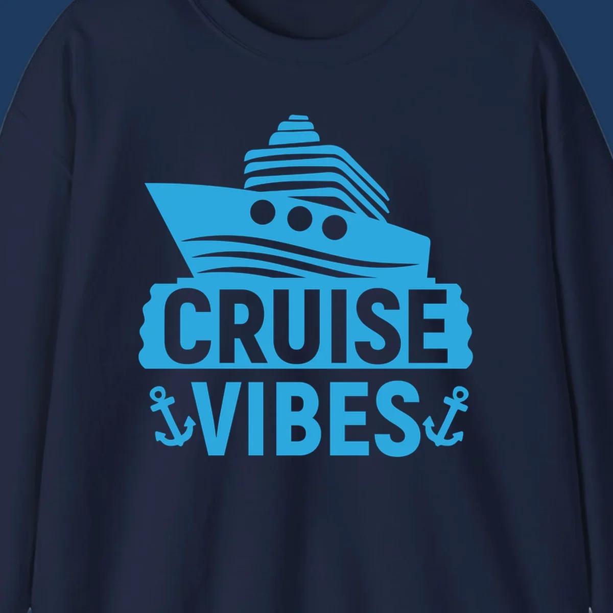 Cyan blue cruise ship with smokestacks and portholes above 'Cruise & Vibes' text with anchors