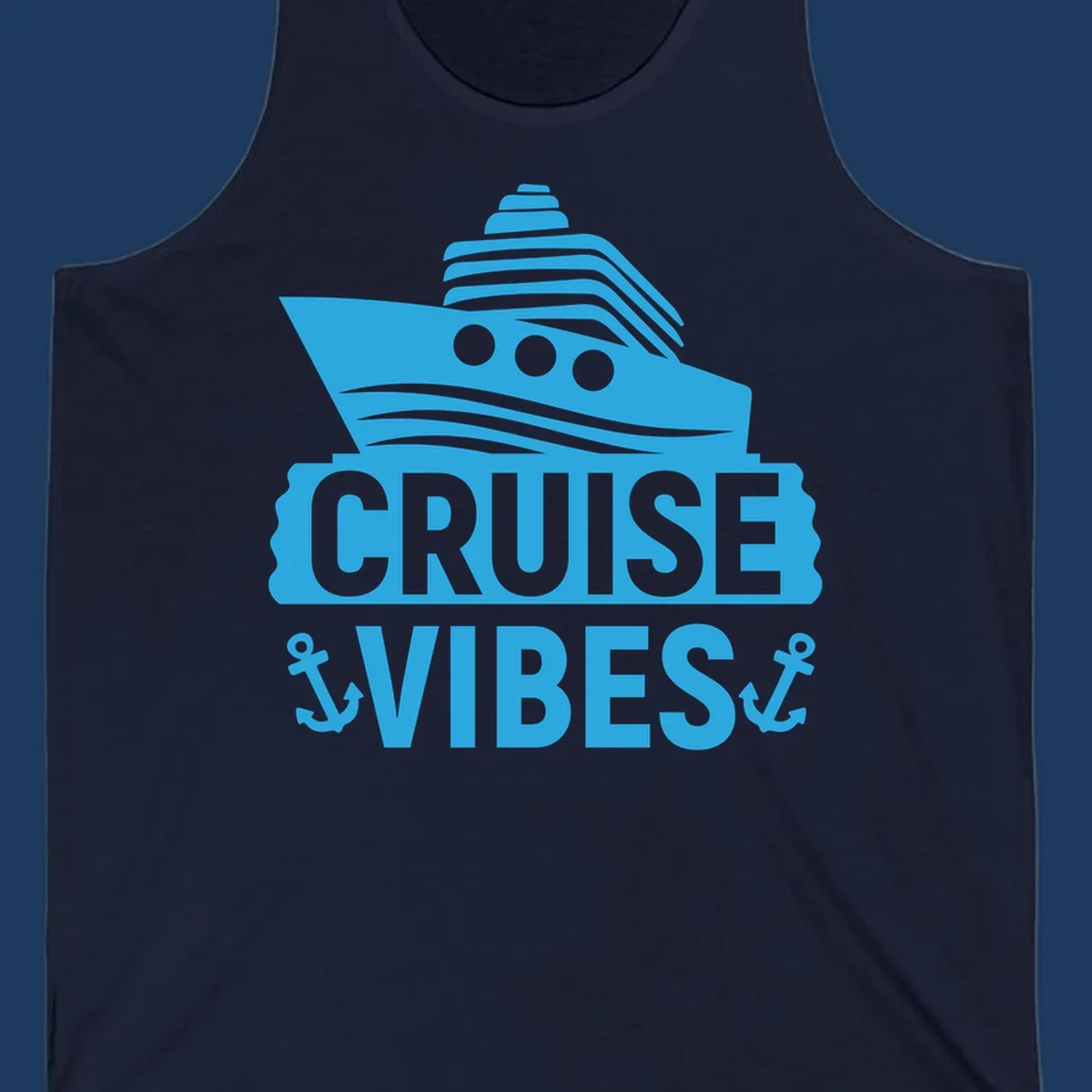 Cyan blue cruise ship with smokestacks and portholes above 'Cruise & Vibes' text with anchors