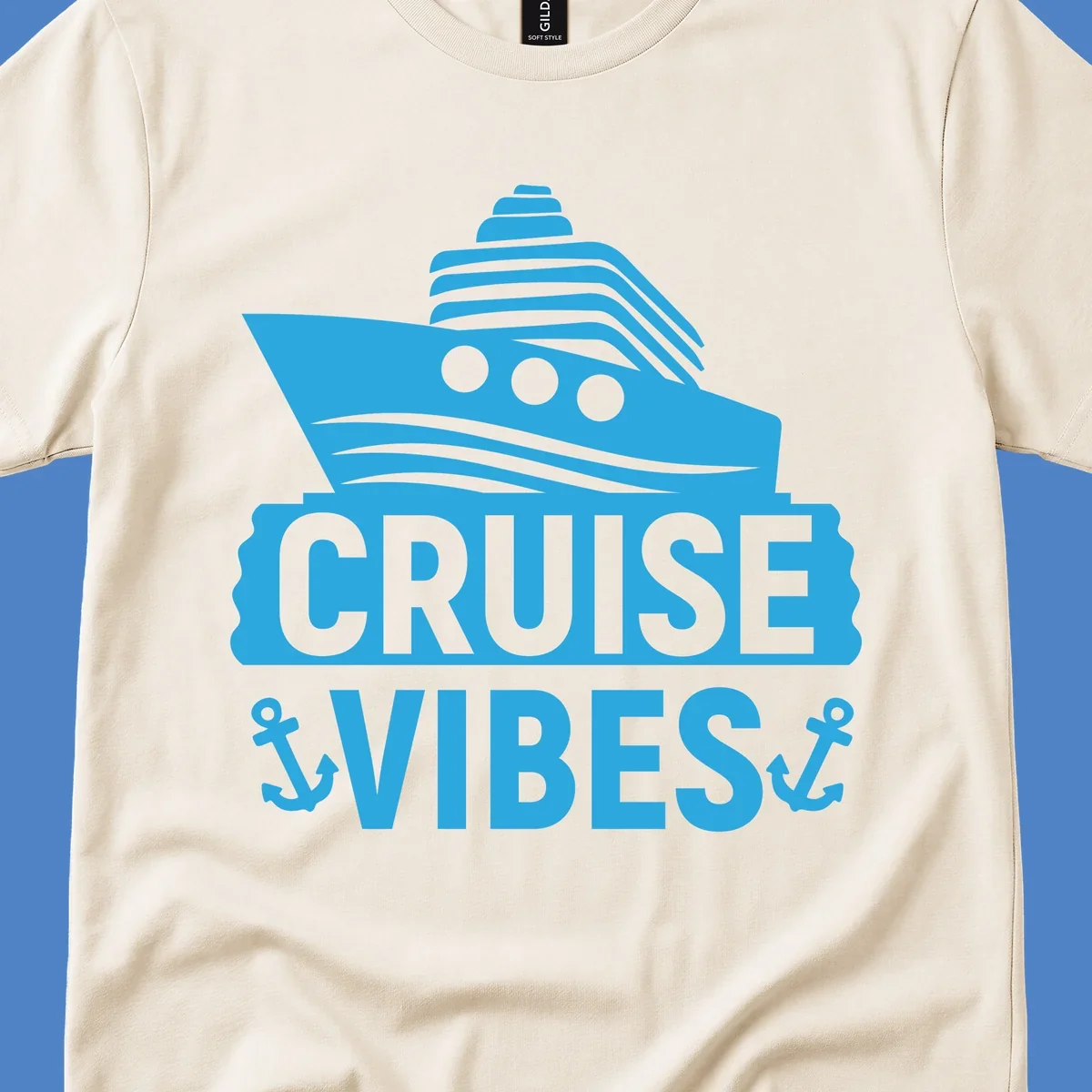 Cyan blue cruise ship with smokestacks and portholes above 'Cruise & Vibes' text with anchors