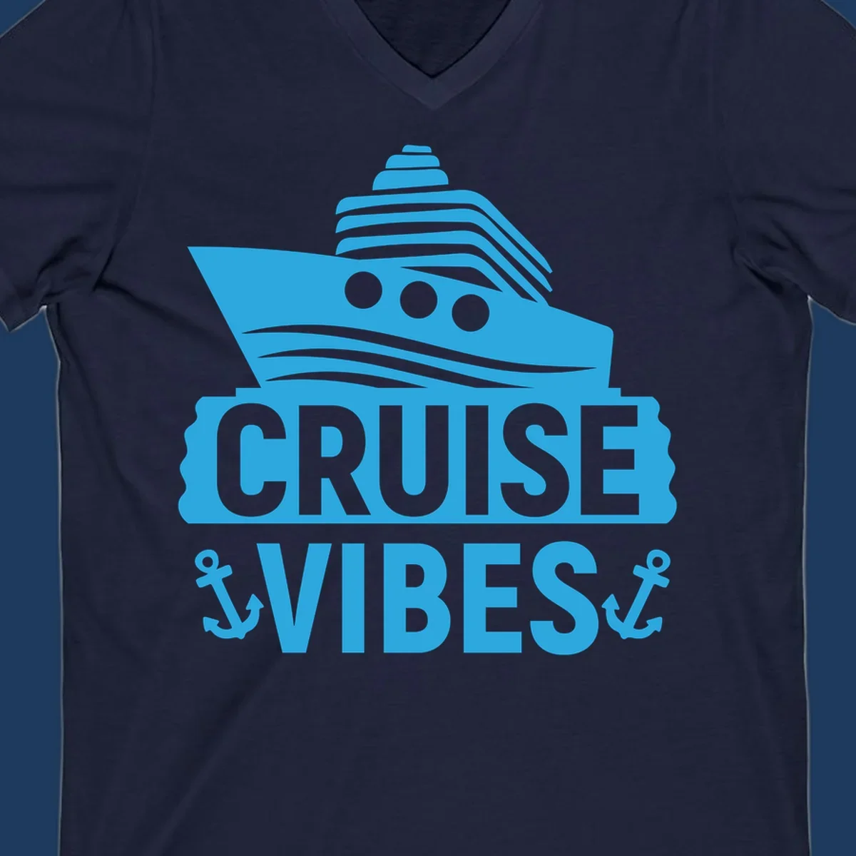 Cyan blue cruise ship with smokestacks and portholes above 'Cruise & Vibes' text with anchors