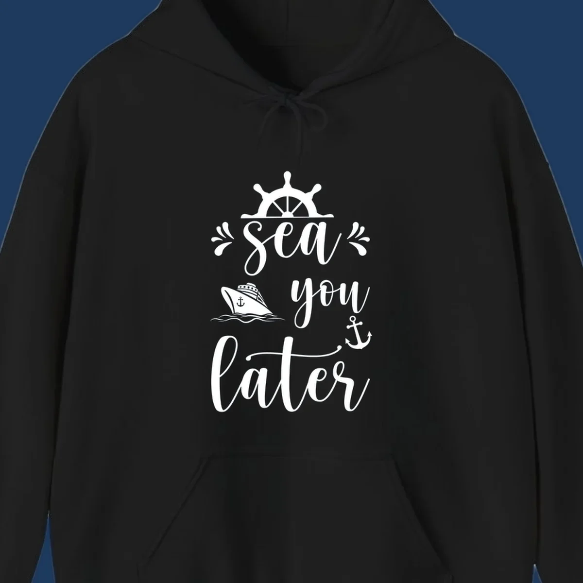 Nautical design with ship's wheel, cruise ship, anchor, and 'Sea you on the Sails' text in cursive lettering on gray background