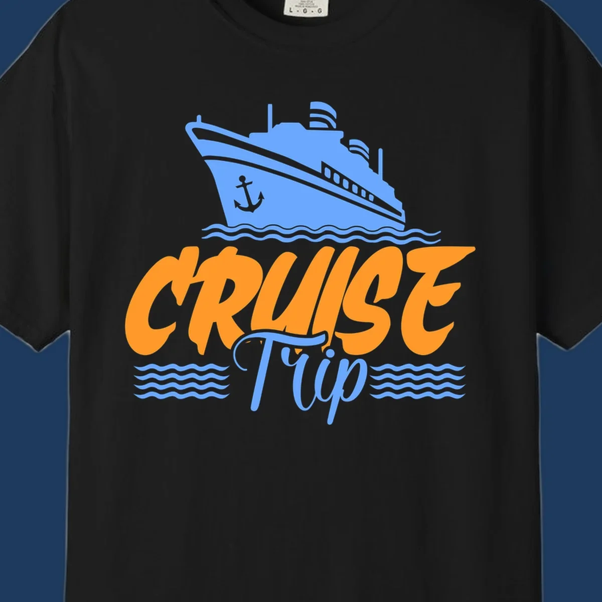 Blue cruise ship with anchor sailing through waves, with orange 'CRUISE' text and blue 'Trip' lettering on gray background