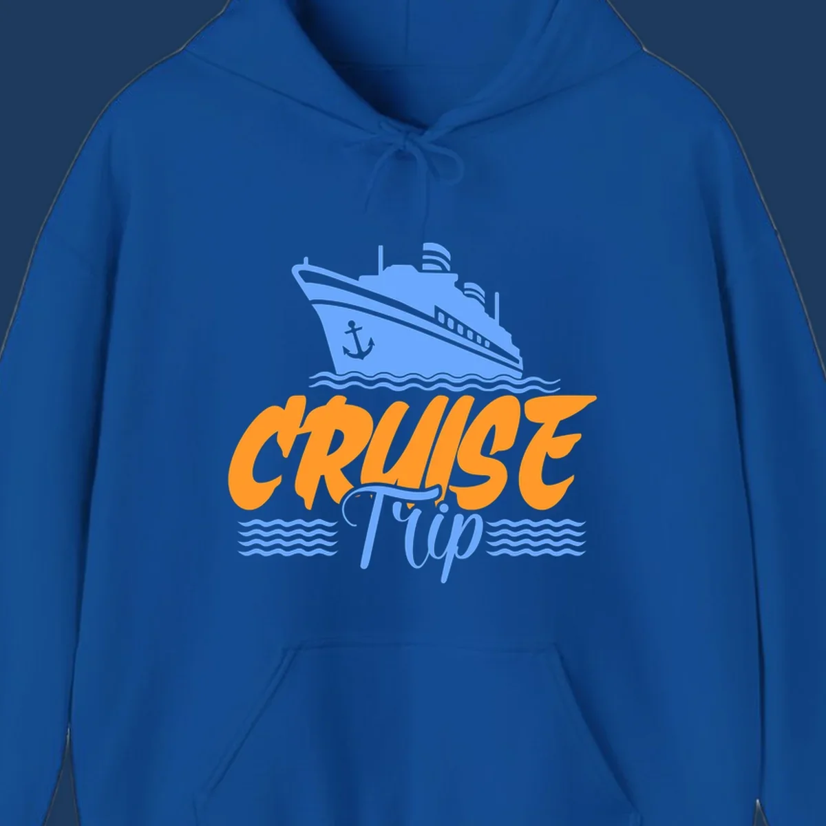 Blue cruise ship with anchor sailing through waves, with orange 'CRUISE' text and blue 'Trip' lettering on gray background