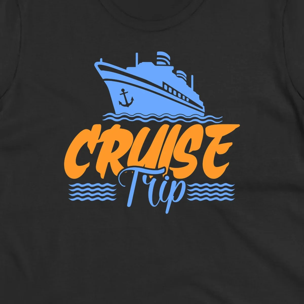 Blue cruise ship with anchor sailing through waves, with orange 'CRUISE' text and blue 'Trip' lettering on gray background