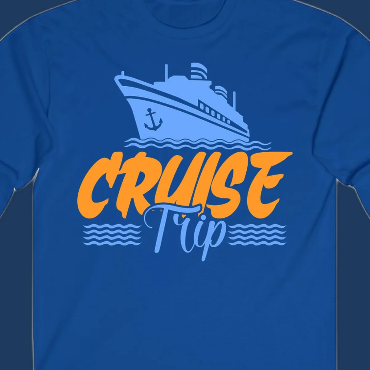 Blue cruise ship with anchor sailing through waves, with orange 'CRUISE' text and blue 'Trip' lettering on gray background