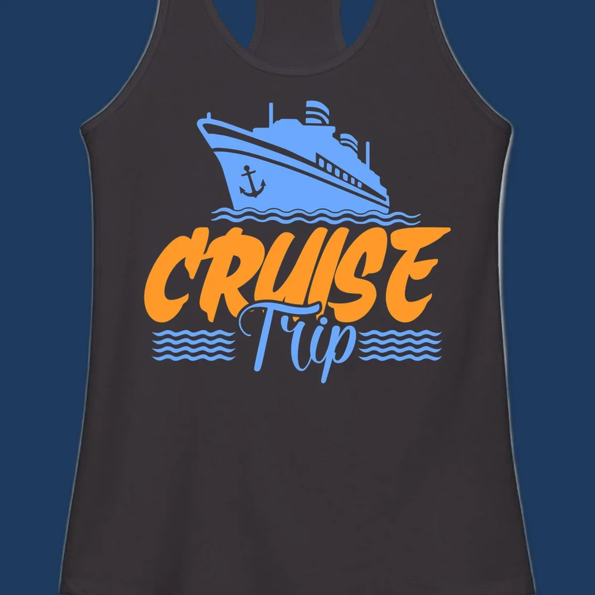 Blue cruise ship with anchor sailing through waves, with orange 'CRUISE' text and blue 'Trip' lettering on gray background