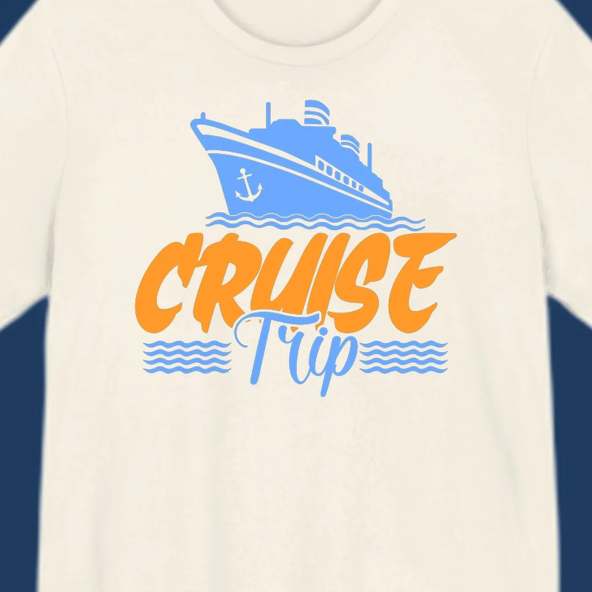 Blue cruise ship with anchor sailing through waves, with orange 'CRUISE' text and blue 'Trip' lettering on gray background