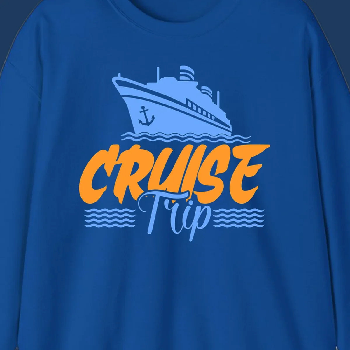 Blue cruise ship with anchor sailing through waves, with orange 'CRUISE' text and blue 'Trip' lettering on gray background