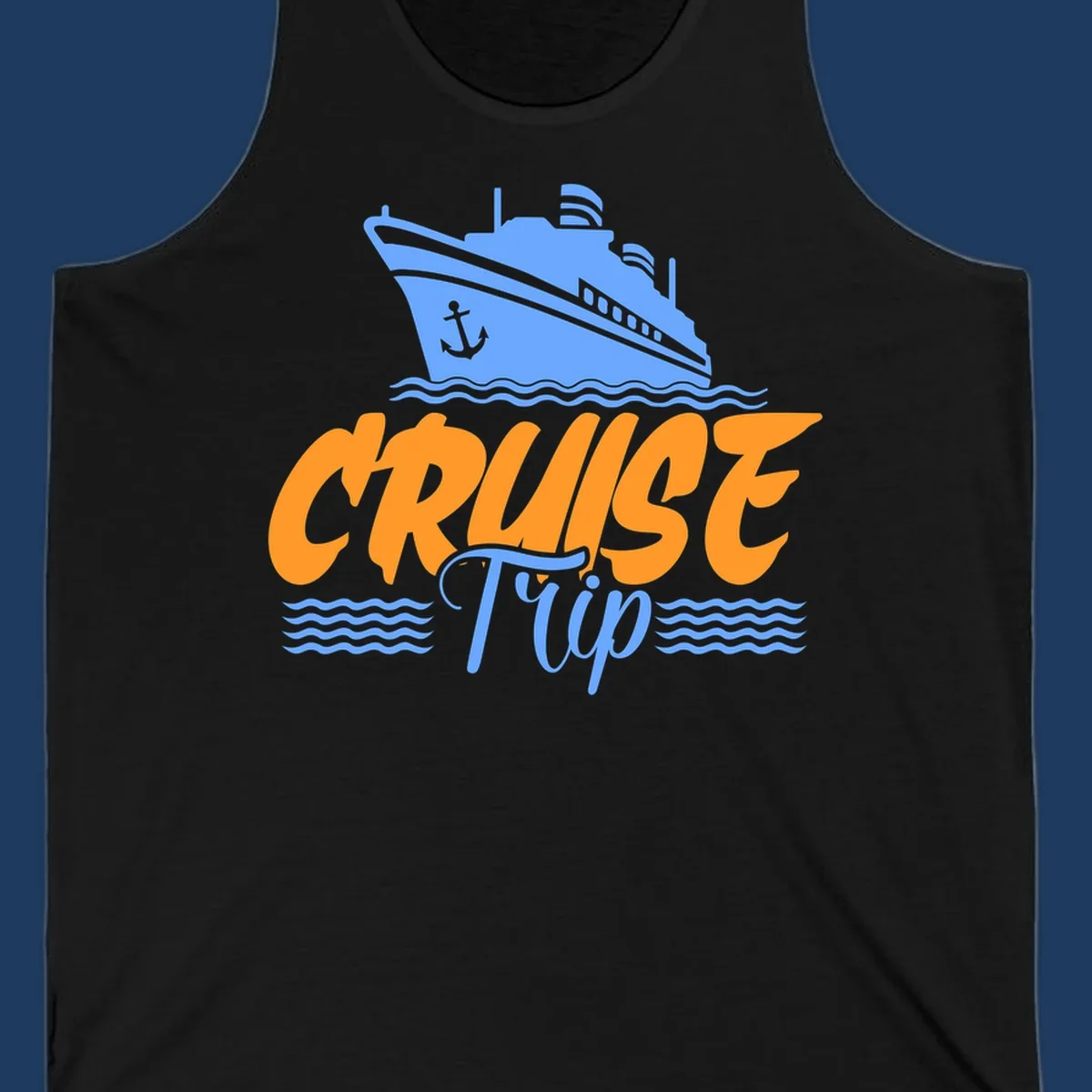 Blue cruise ship with anchor sailing through waves, with orange 'CRUISE' text and blue 'Trip' lettering on gray background